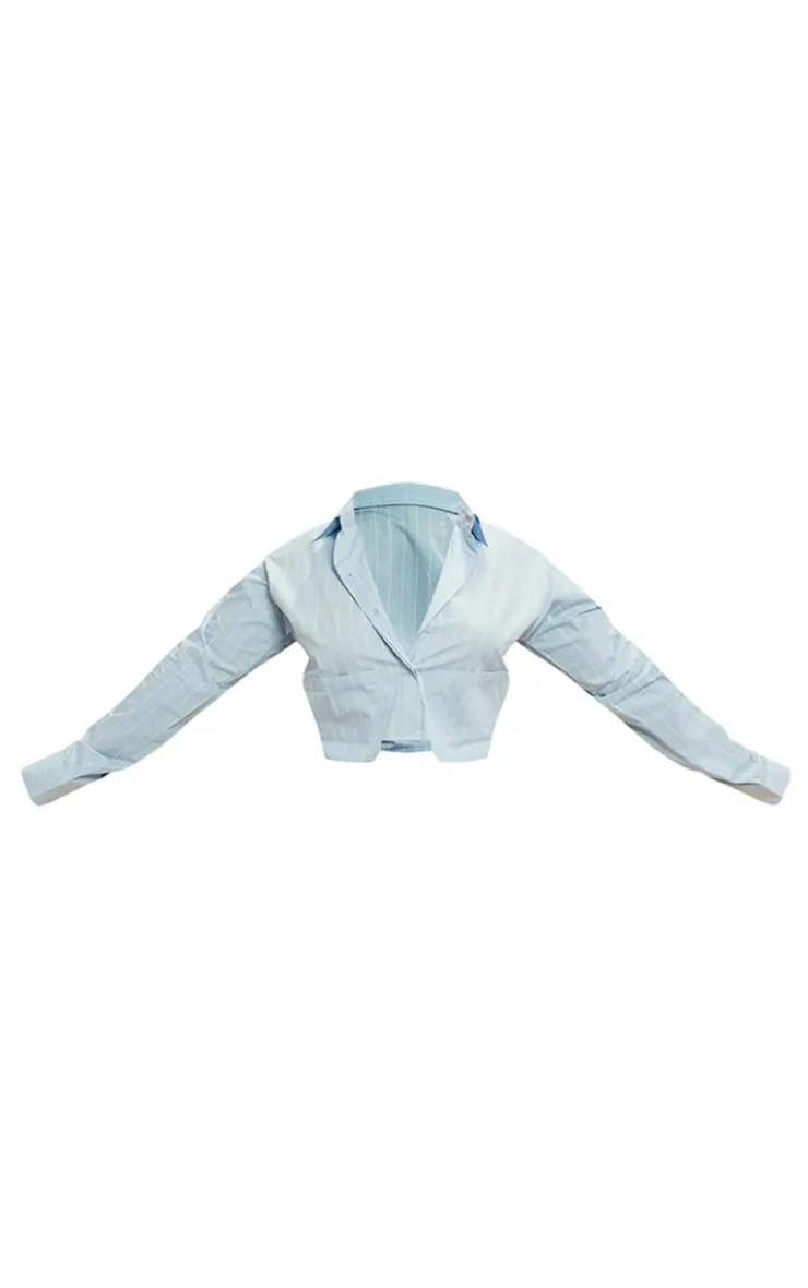 Discount PrettyLittleThing Plus Poplin Pinstripe Pocket Detail Cropped Shirt Blue