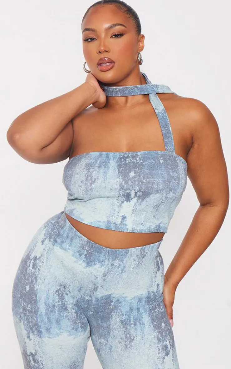 Hot PrettyLittleThing Plus Ribbed Tie Dye Bandeau Top Blue