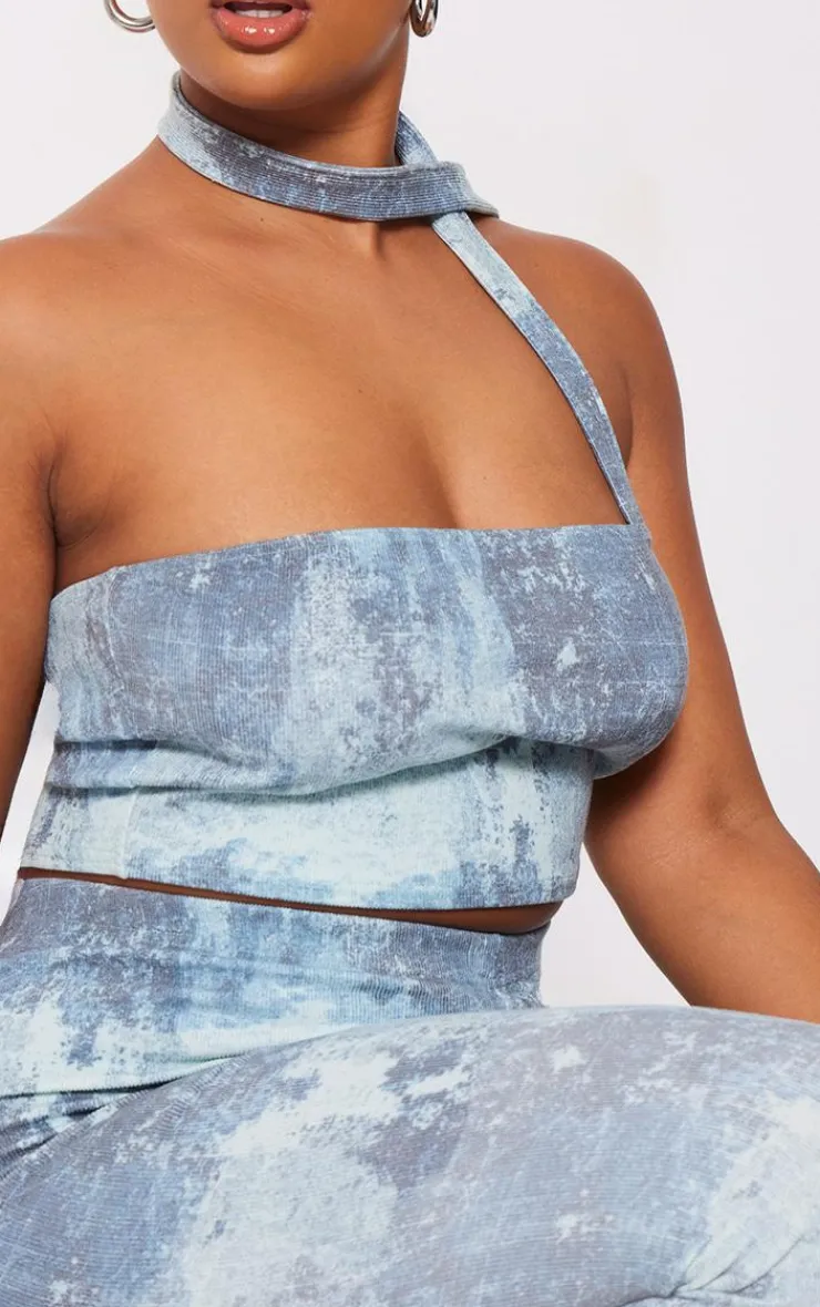 Hot PrettyLittleThing Plus Ribbed Tie Dye Bandeau Top Blue