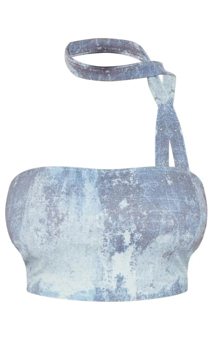 Hot PrettyLittleThing Plus Ribbed Tie Dye Bandeau Top Blue