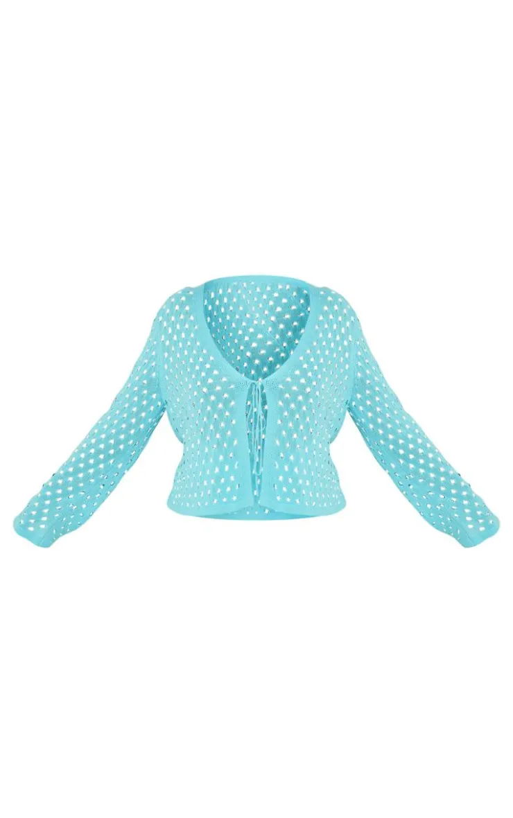 PrettyLittleThing Plus Tie Front Hole Detail Knit Top Blue