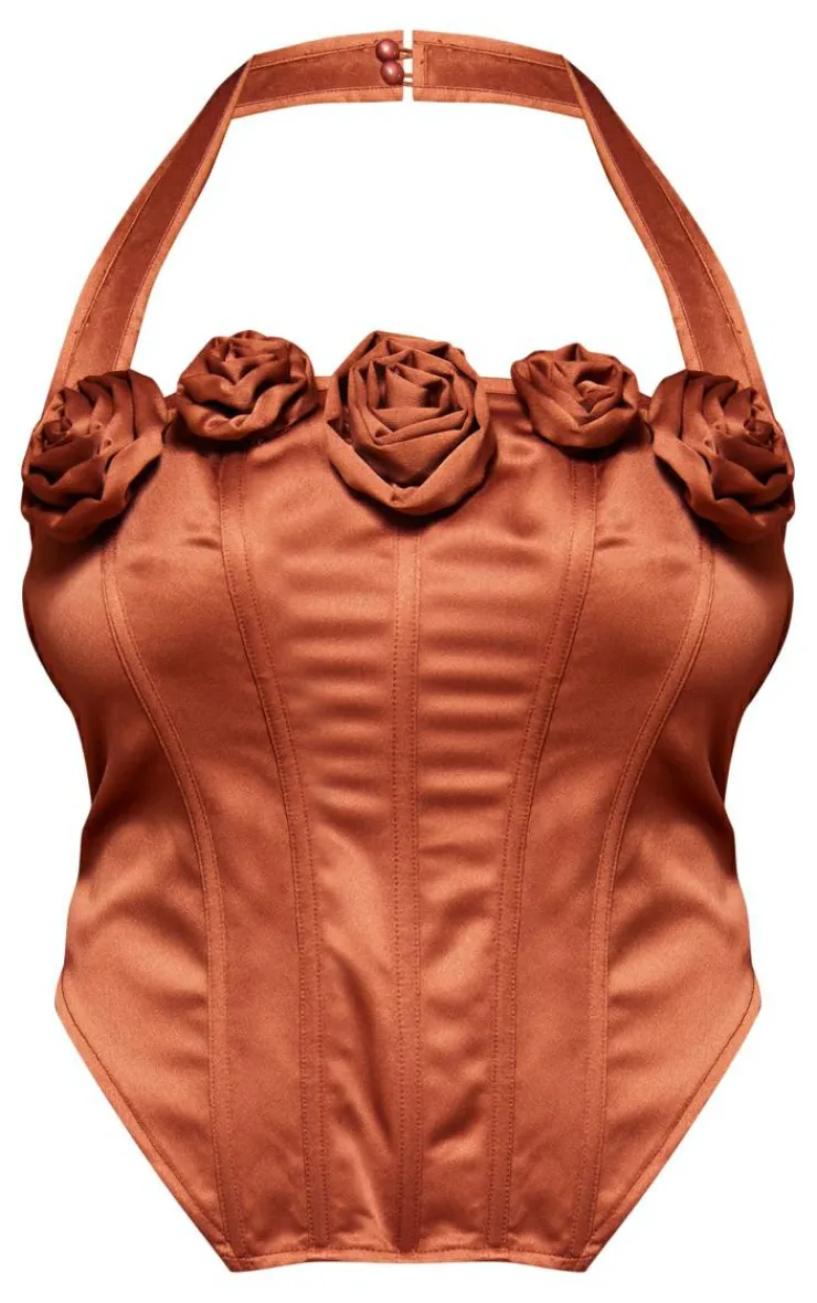 Plus Satin Rose Applique Trim Halterneck Corset-PrettyLittleThing Outlet
