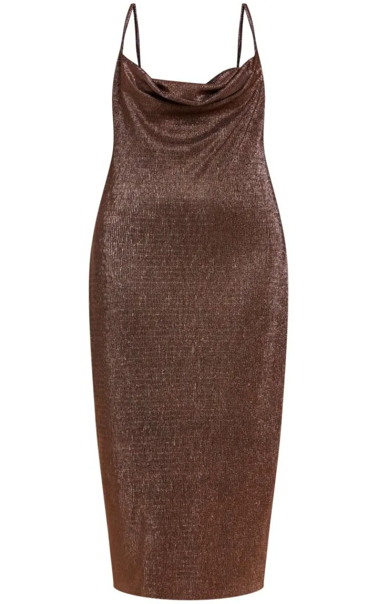 Plus Bronze Textured Glitter Cowl Neck Midi Dress-PrettyLittleThing Online