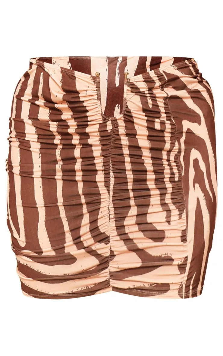 Clearance PrettyLittleThing Plus Animal Print Slinky Gold Trim Drape Detail Mini Skirt Brown