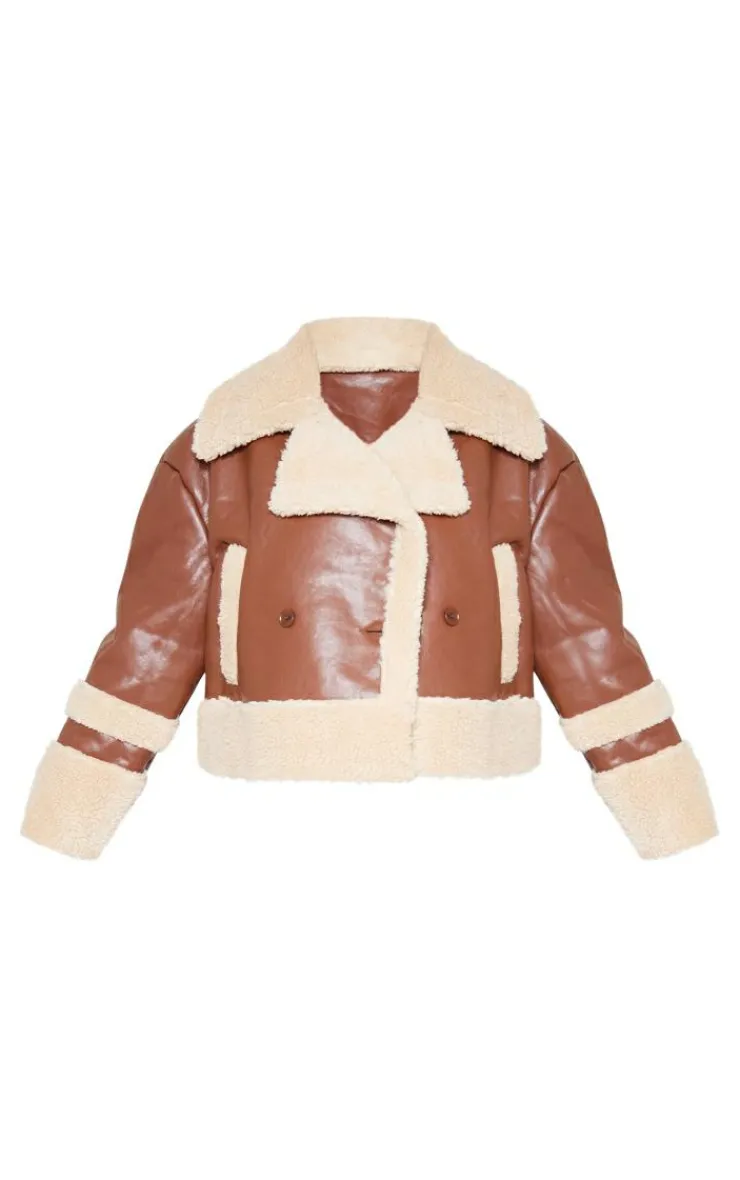 PrettyLittleThing Faux Leather Jackets*Plus Battered Faux Leather Faux Fur Trim Coat