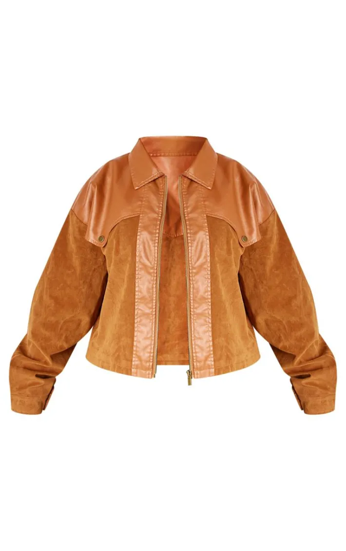 Plus Brown Faux Suede Western Panel Detail Oversized Jacket
