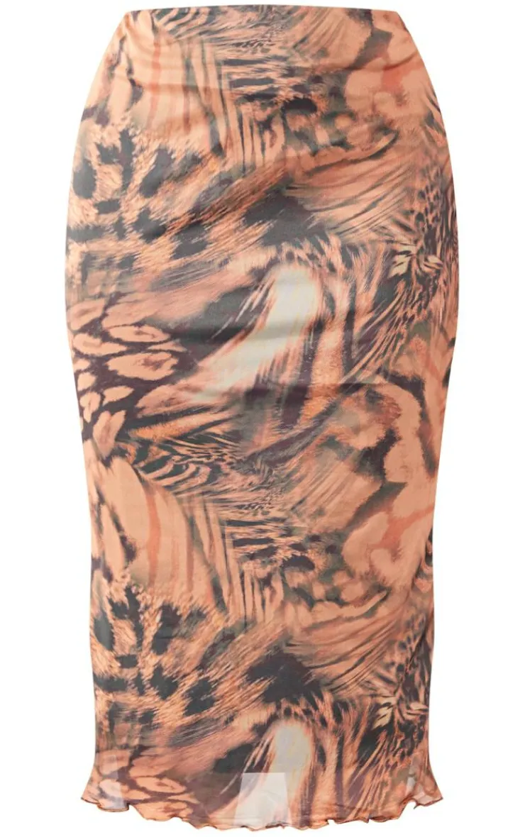 Discount PrettyLittleThing Plus Leopard Lettuce Hem Mesh Midi Skirt Brown