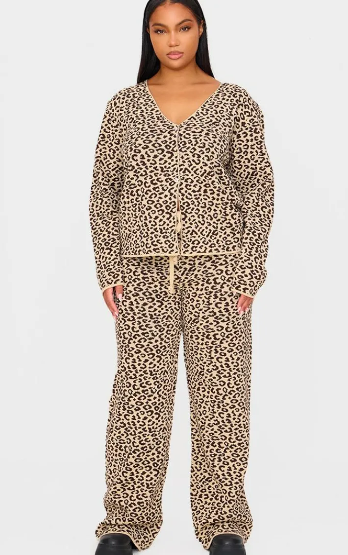 Plus Brown Leopard Print Knitted Wide Leg Pants