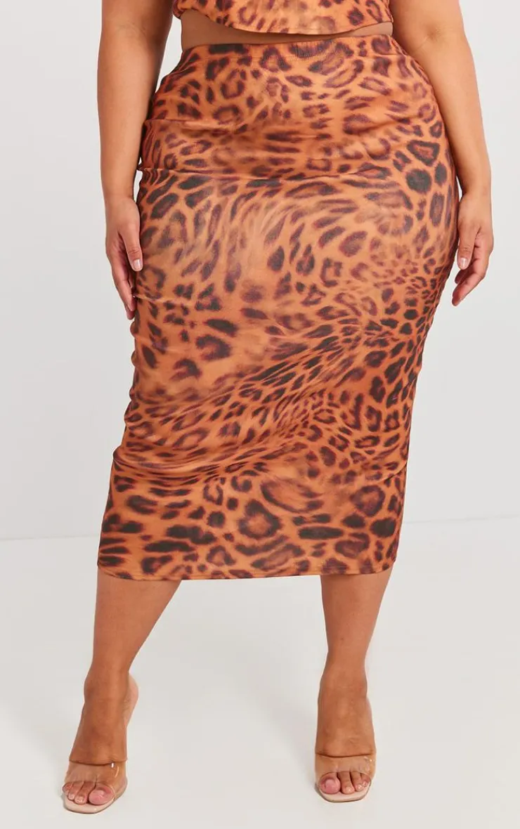 Outlet PrettyLittleThing Plus Leopard Printed Midaxi Skirt Brown