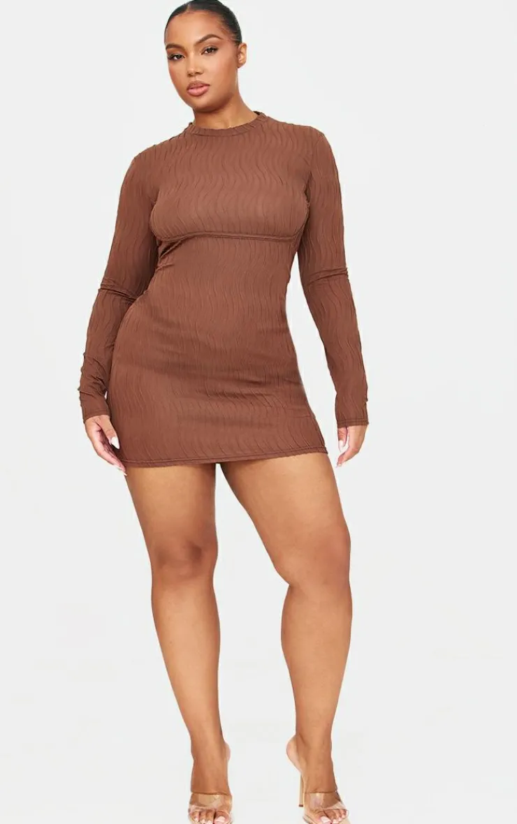 Plus Textured Long Sleeve Bust Seam Detail Mini Dress-PrettyLittleThing Outlet