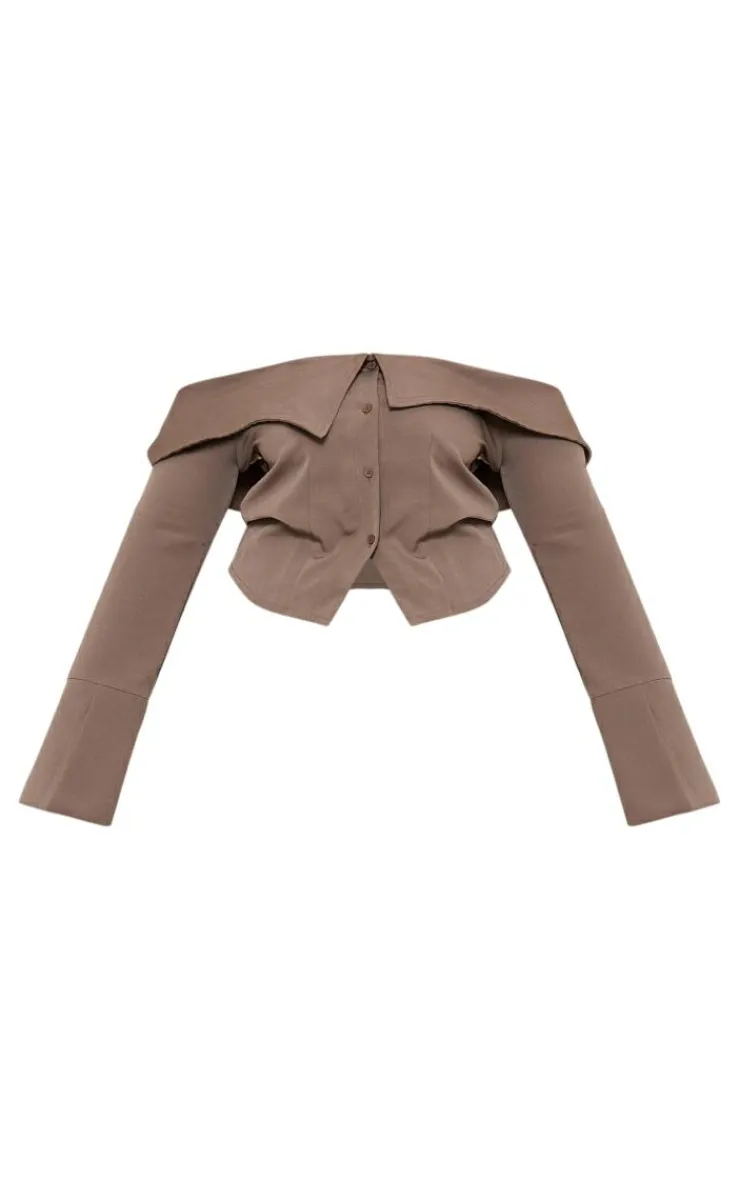Clearance PrettyLittleThing Plus Textured Woven Fold Over Detail Long Sleeve Top Brown