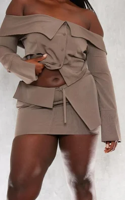 Clearance PrettyLittleThing Plus Textured Woven Fold Over Waist Micro Mini Skirt Brown