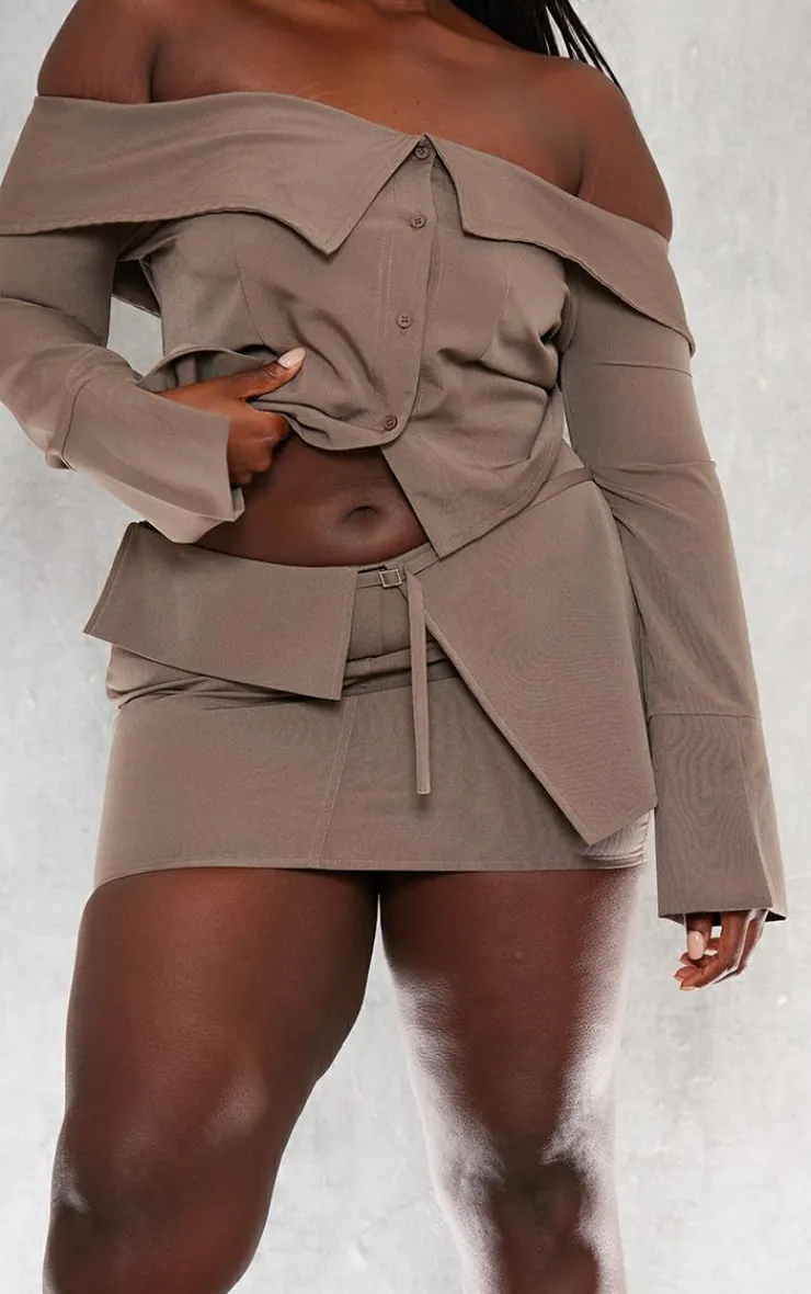 Clearance PrettyLittleThing Plus Textured Woven Fold Over Waist Micro Mini Skirt Brown