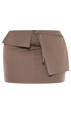 Clearance PrettyLittleThing Plus Textured Woven Fold Over Waist Micro Mini Skirt Brown