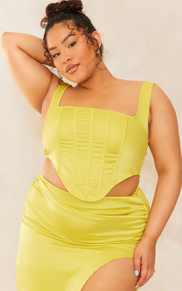 PrettyLittleThing Plus Chartreuse Satin Boned Corset Lime