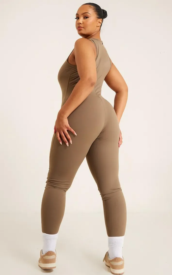 Plus Chocolate Brown Brushed Jersey Racer Neck Jumpsuit