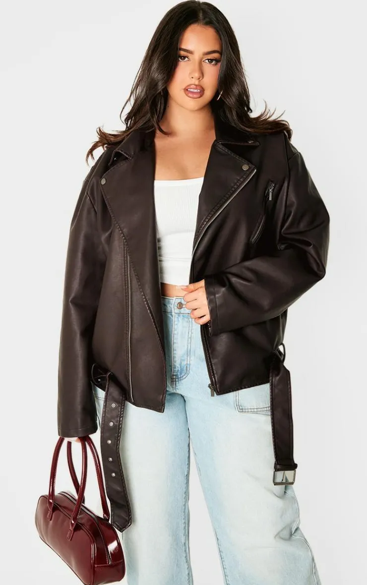 PrettyLittleThing Faux Leather Jackets*Plus Chocolate Distressed Look Faux Leather Longline Biker Jacket
