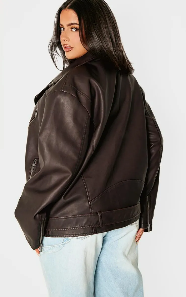 PrettyLittleThing Faux Leather Jackets*Plus Chocolate Distressed Look Faux Leather Longline Biker Jacket