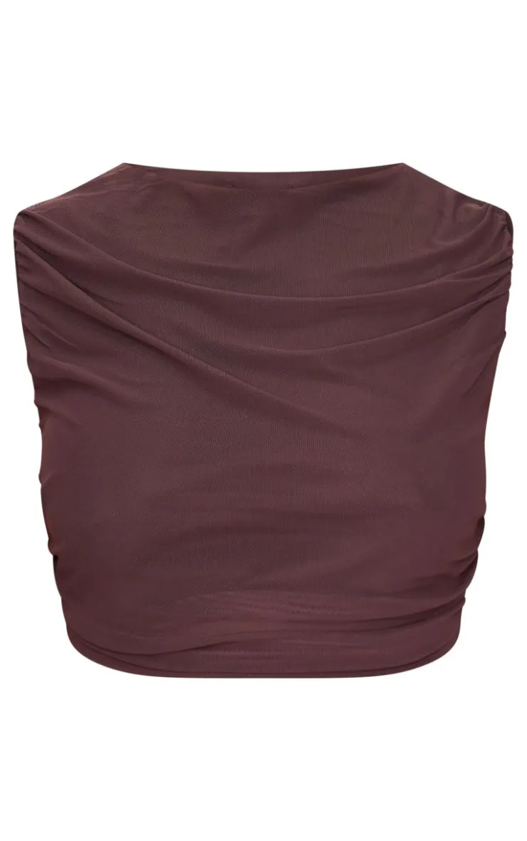 Discount PrettyLittleThing Plus Mesh Ruched Trim Detail Crop Top Chocolate