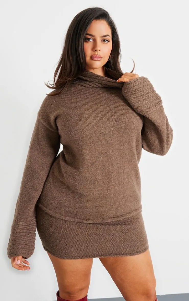 Discount PrettyLittleThing Plus Textured Knit Roll Neck Oversized Sweater Chocolate