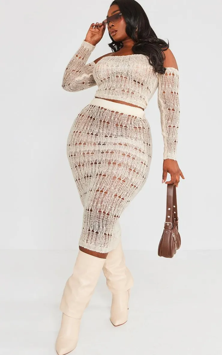 Discount PrettyLittleThing Plus Distress Knitted Midi Skirt Cream
