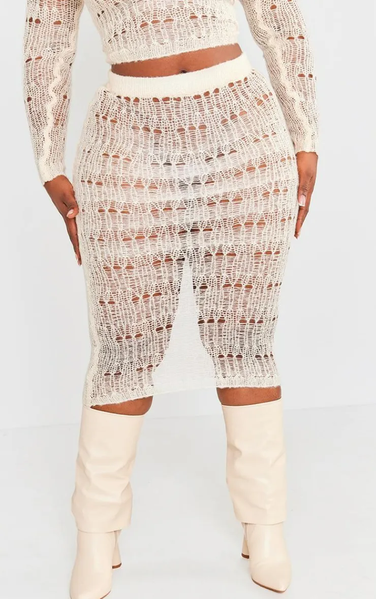 Discount PrettyLittleThing Plus Distress Knitted Midi Skirt Cream