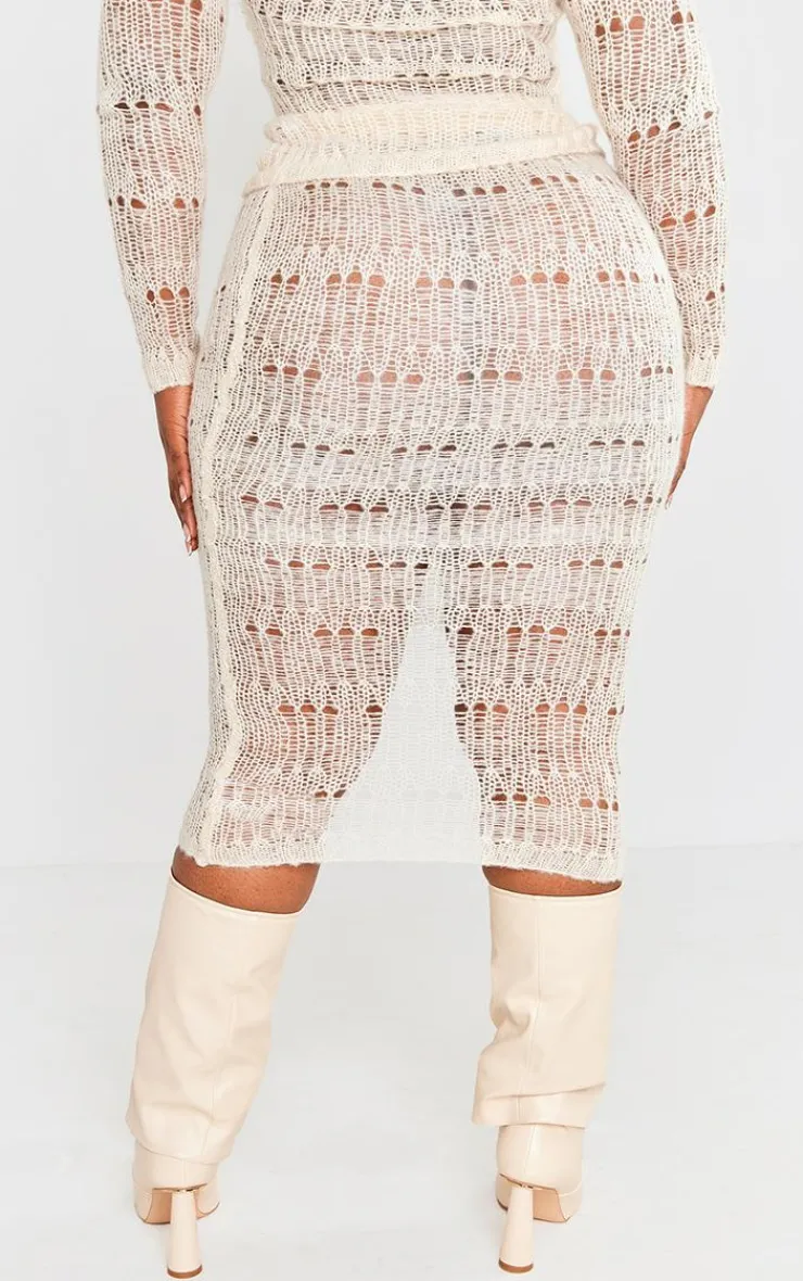 Discount PrettyLittleThing Plus Distress Knitted Midi Skirt Cream