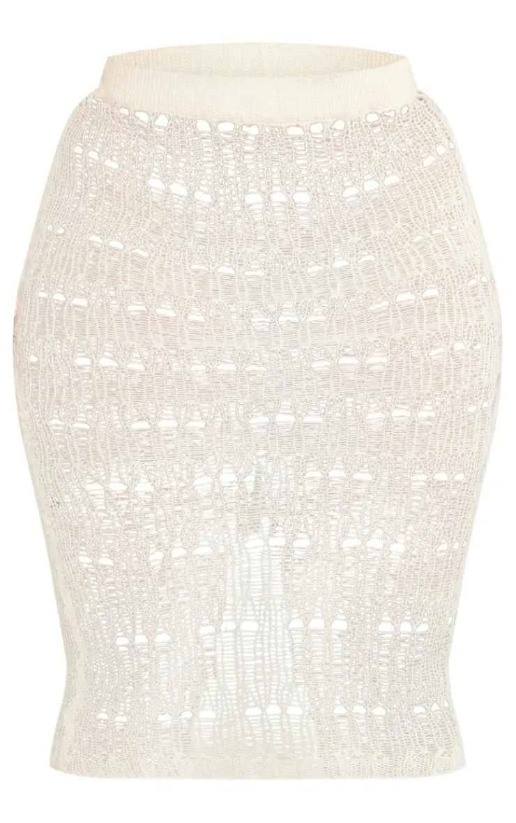 Discount PrettyLittleThing Plus Distress Knitted Midi Skirt Cream
