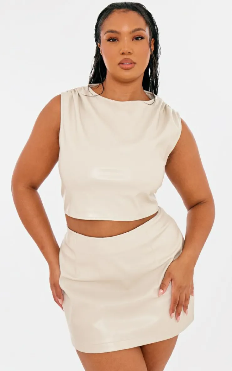 PrettyLittleThing Plus Faux Leather Ruched Shoulder Detail Crop Top Cream