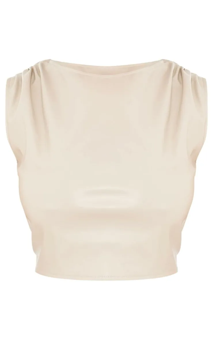 PrettyLittleThing Plus Faux Leather Ruched Shoulder Detail Crop Top Cream