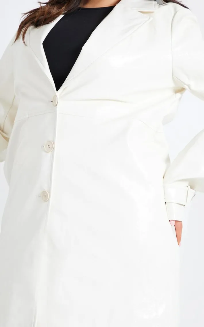 Plus Cream High Shine Textured Faux Leather Maxi Coat