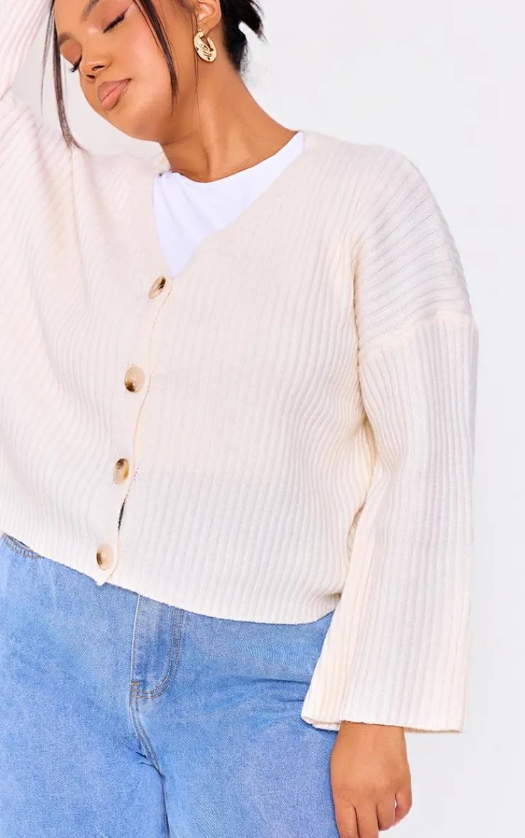 Online PrettyLittleThing Plus Knit Rib Button Cardigan Cream
