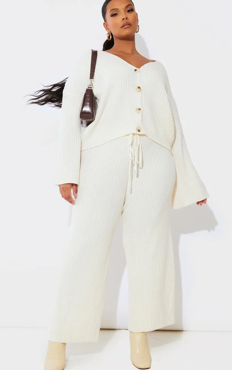 Discount PrettyLittleThing Plus Knit Rib Wide Leg Pants Cream