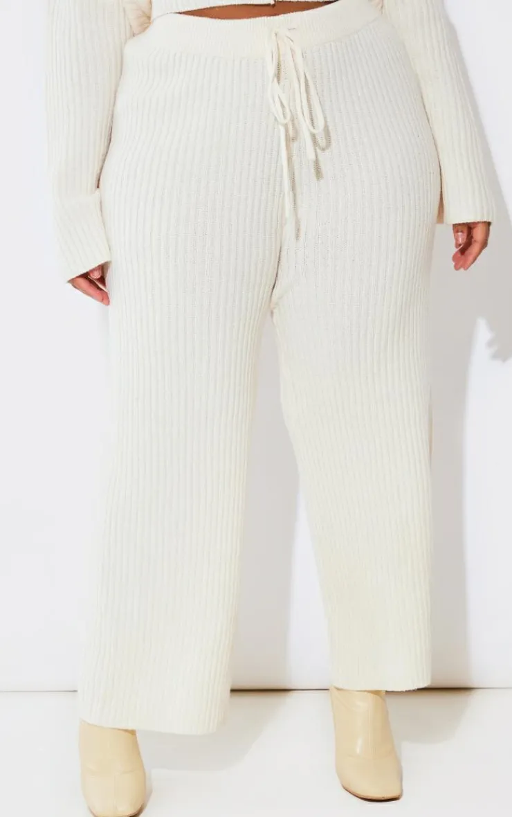 Discount PrettyLittleThing Plus Knit Rib Wide Leg Pants Cream