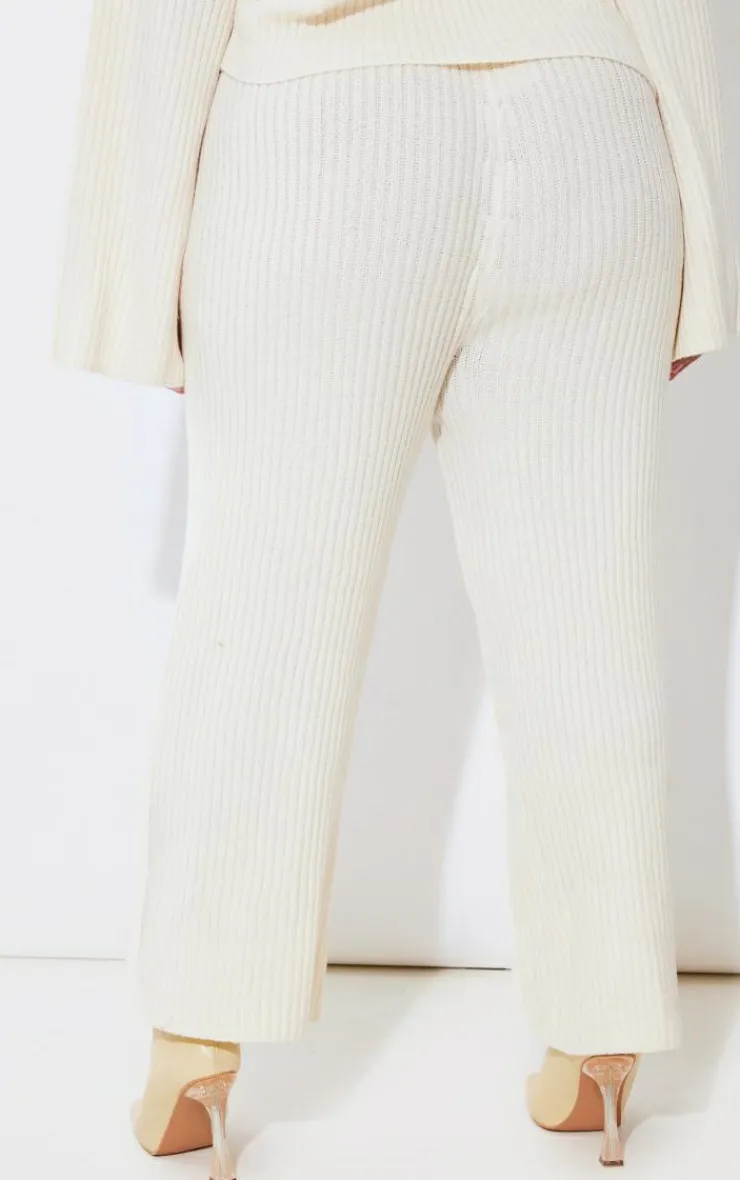 Discount PrettyLittleThing Plus Knit Rib Wide Leg Pants Cream