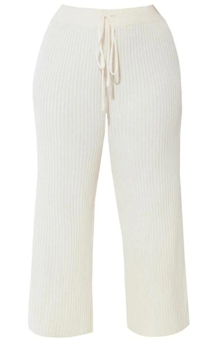 Discount PrettyLittleThing Plus Knit Rib Wide Leg Pants Cream
