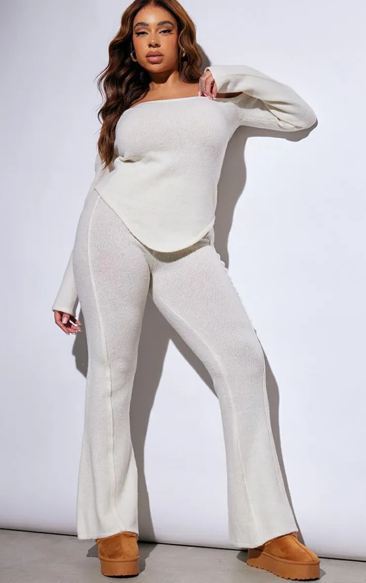 Online PrettyLittleThing Plus Marl Knit Wide Leg Pants Cream