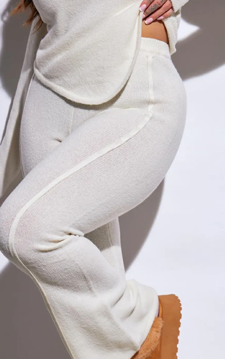 Online PrettyLittleThing Plus Marl Knit Wide Leg Pants Cream