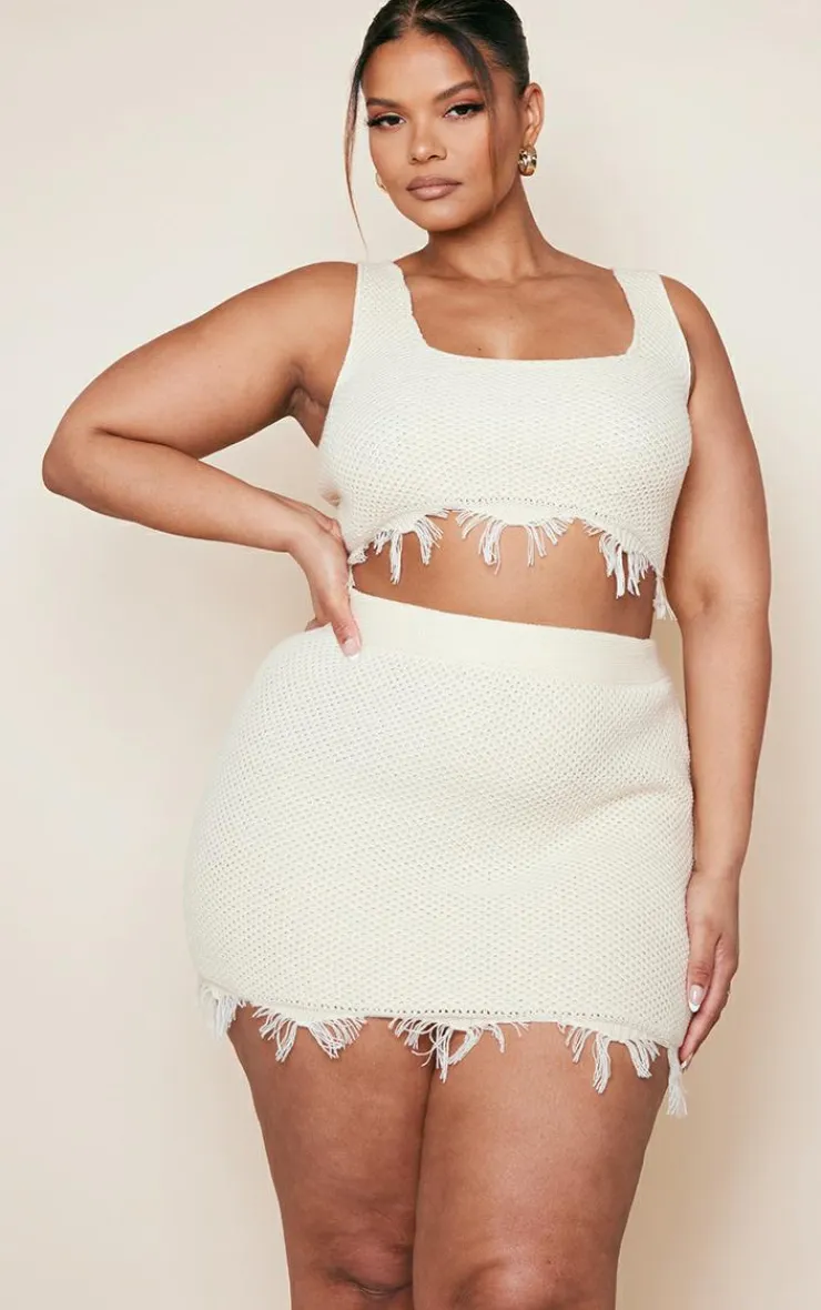 Discount PrettyLittleThing Plus Raw Hem Knit Skirt Cream