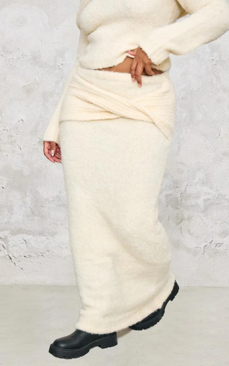 Online PrettyLittleThing Plus Soft Bobble Knit Foldover Maxi Skirt Cream