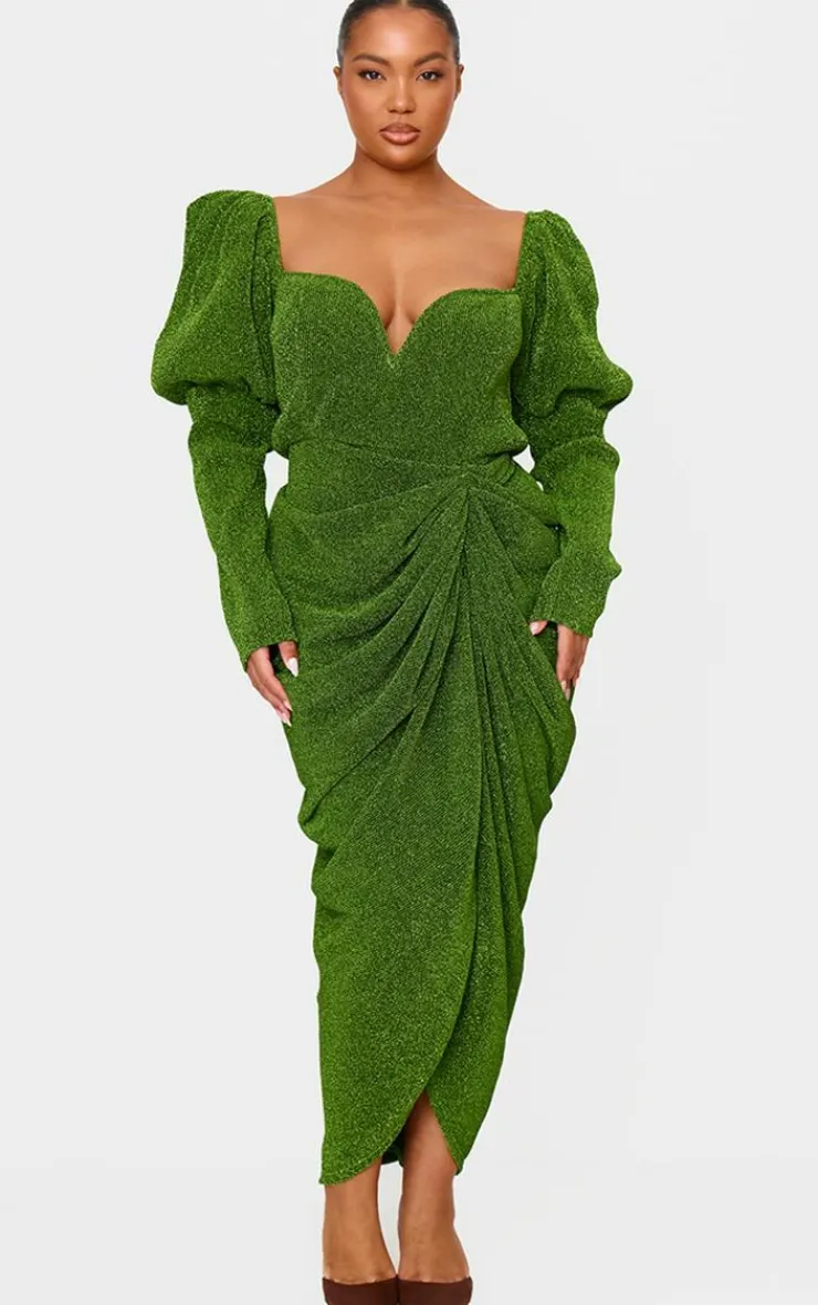 Plus Glitter Plisse Puff Sleeve V Bar Draped Midi Dress-PrettyLittleThing