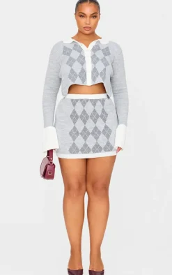 Hot PrettyLittleThing Plus Argyle Jacquard Knitted Mini Skirt Grey