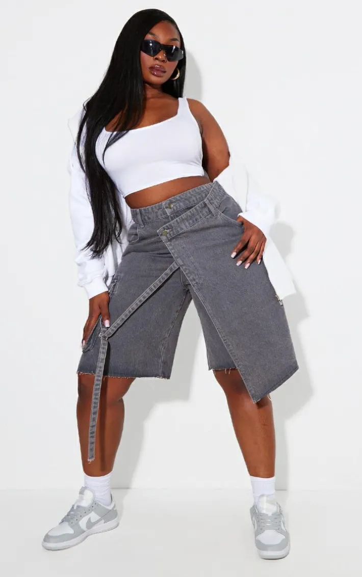 Plus Grey Asymmetric Buckle Wrap Over Detail Jorts