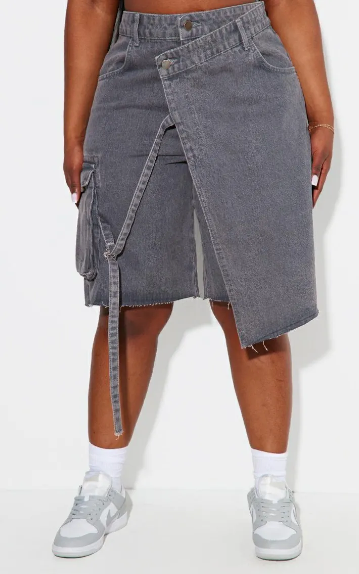 Plus Grey Asymmetric Buckle Wrap Over Detail Jorts