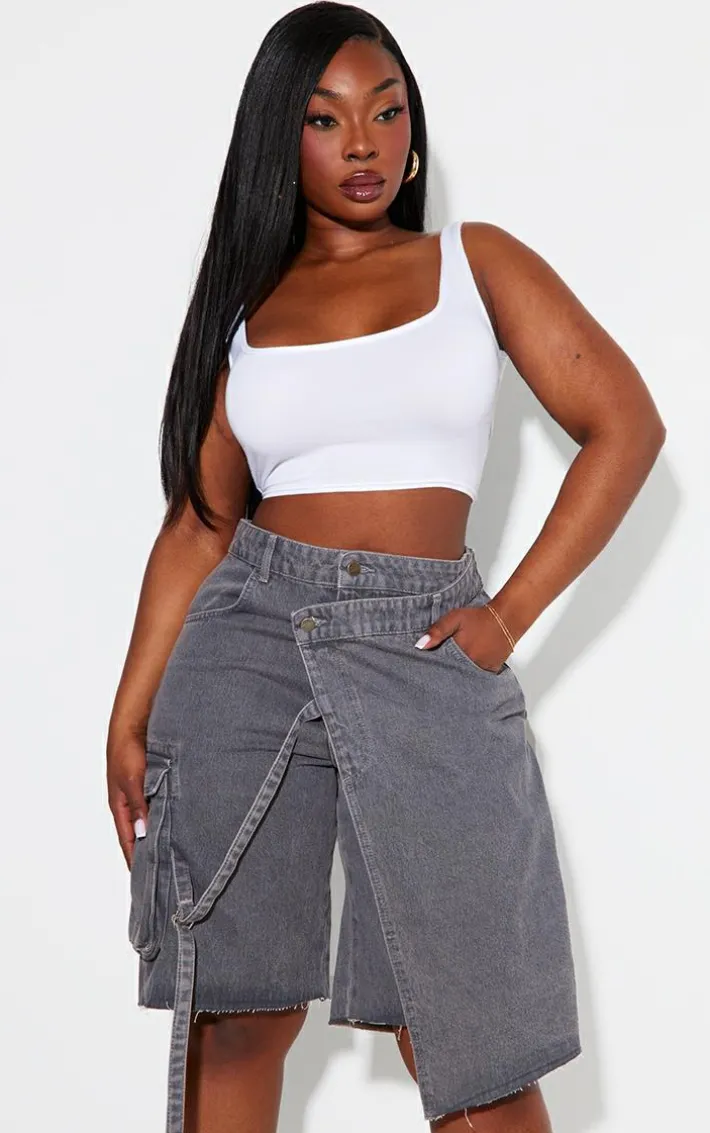 Plus Grey Asymmetric Buckle Wrap Over Detail Jorts