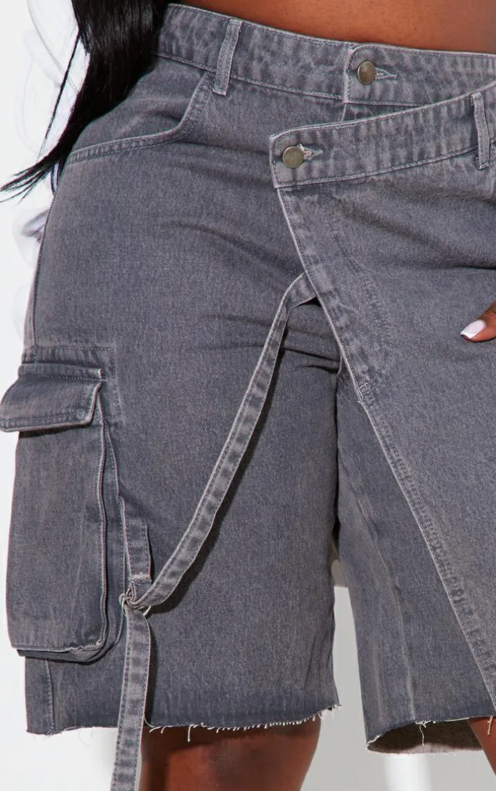 Plus Grey Asymmetric Buckle Wrap Over Detail Jorts