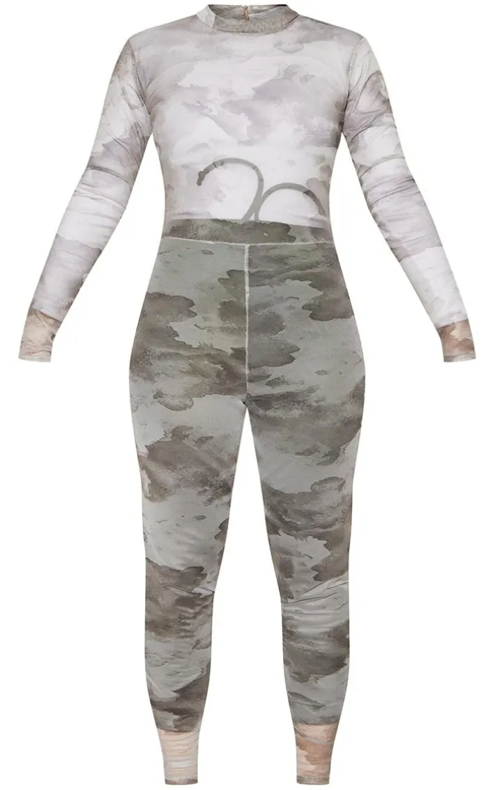 Plus Grey Camo Printed Mesh Jumpsuit