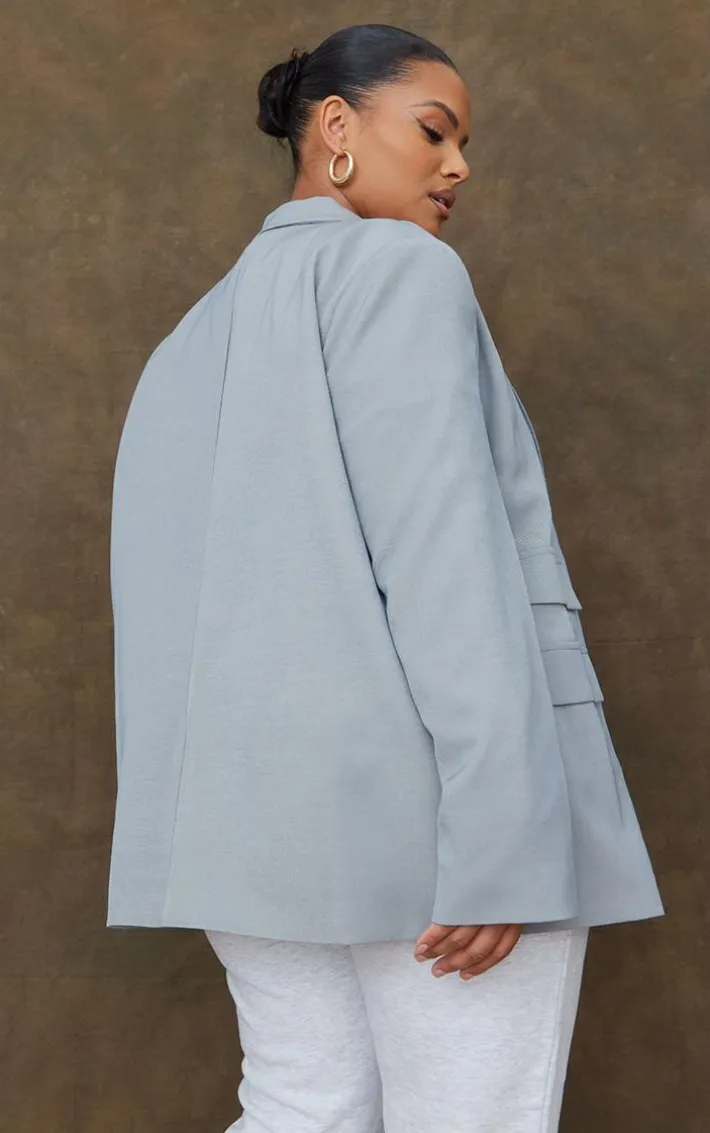 Plus Grey Double Pocket Detail Double Breasted Blazer