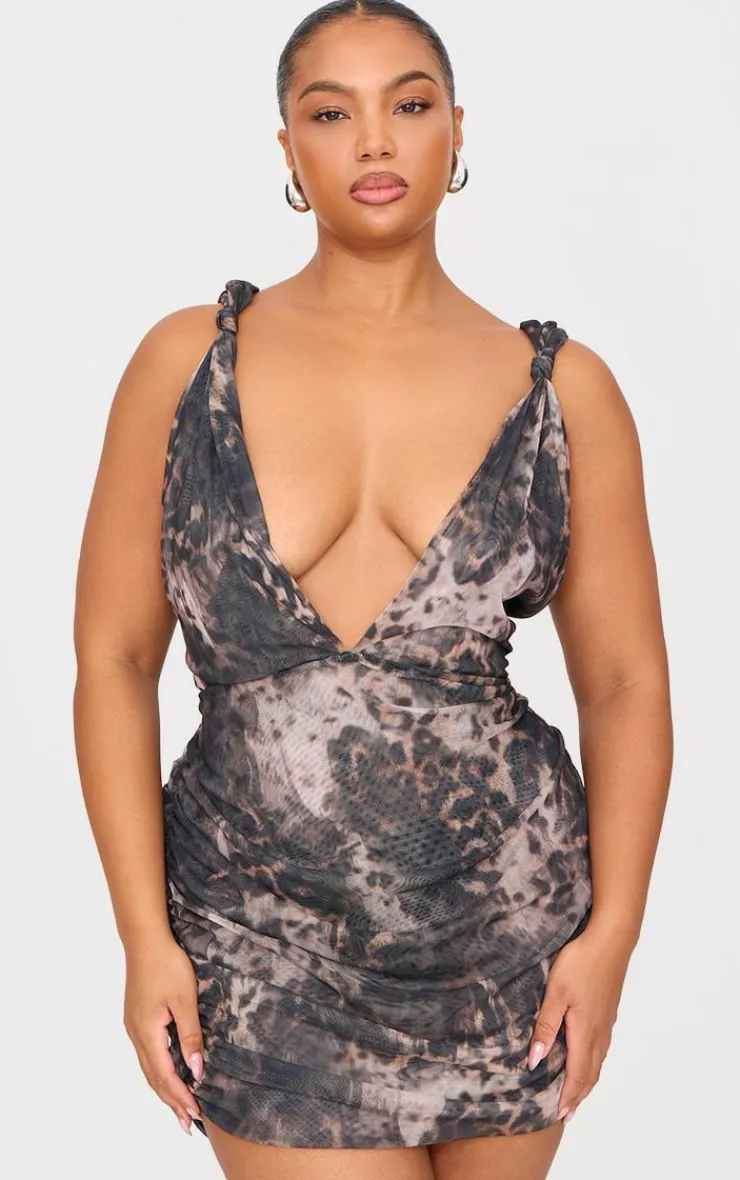 Plus Leopard Double Layer Slinky Mesh Panel Bodycon Dress-PrettyLittleThing Sale
