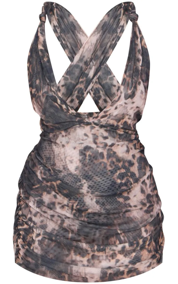 Plus Leopard Double Layer Slinky Mesh Panel Bodycon Dress-PrettyLittleThing Sale